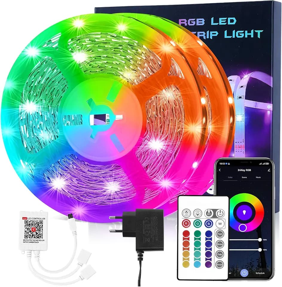 HOVVIDA LED Strip 20M WiFi, Kompatibel mit Alexa und Google Home, 2x10M, 30 LEDs/Meter, 24V RGB LED Streifen, 600 LEDs, APP und Fernbedienung, LED für Zimmer, Küche, Schlafzimmer, Bar, Party