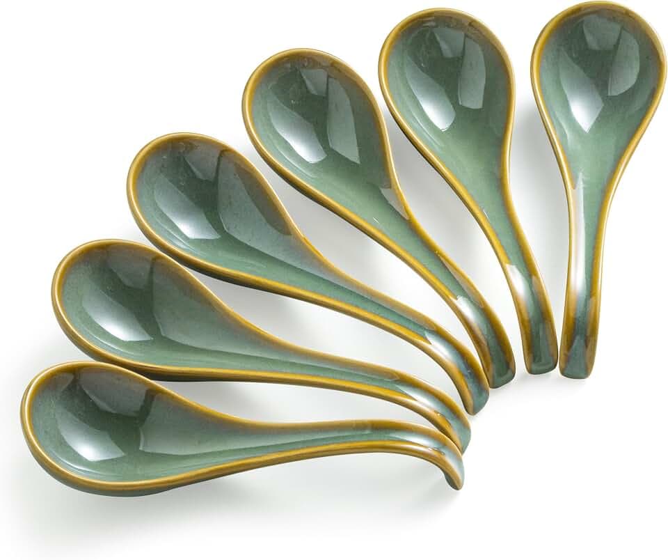 Gomakren Asian Soup Spoons Set of 6, 6.5in Ceramic Ramen Spoons, Blue-Green
