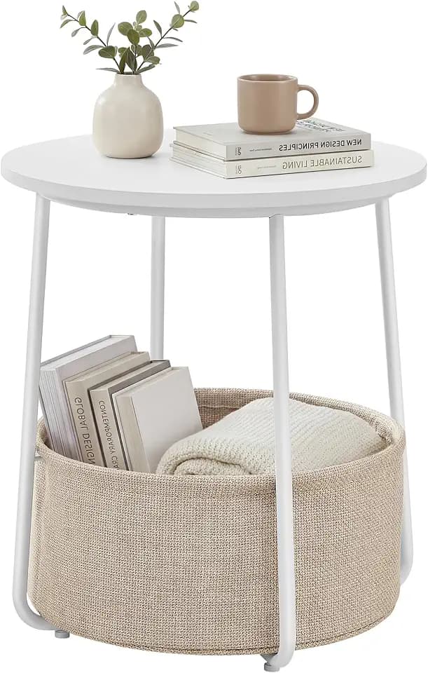 SONGMICS HOME Small Side Table, Round End Table, 2 Tier Nightstand with Basket, U Shaped Steel Legs, Easy Assembly, for Living Room, Bedroom, White and Brown