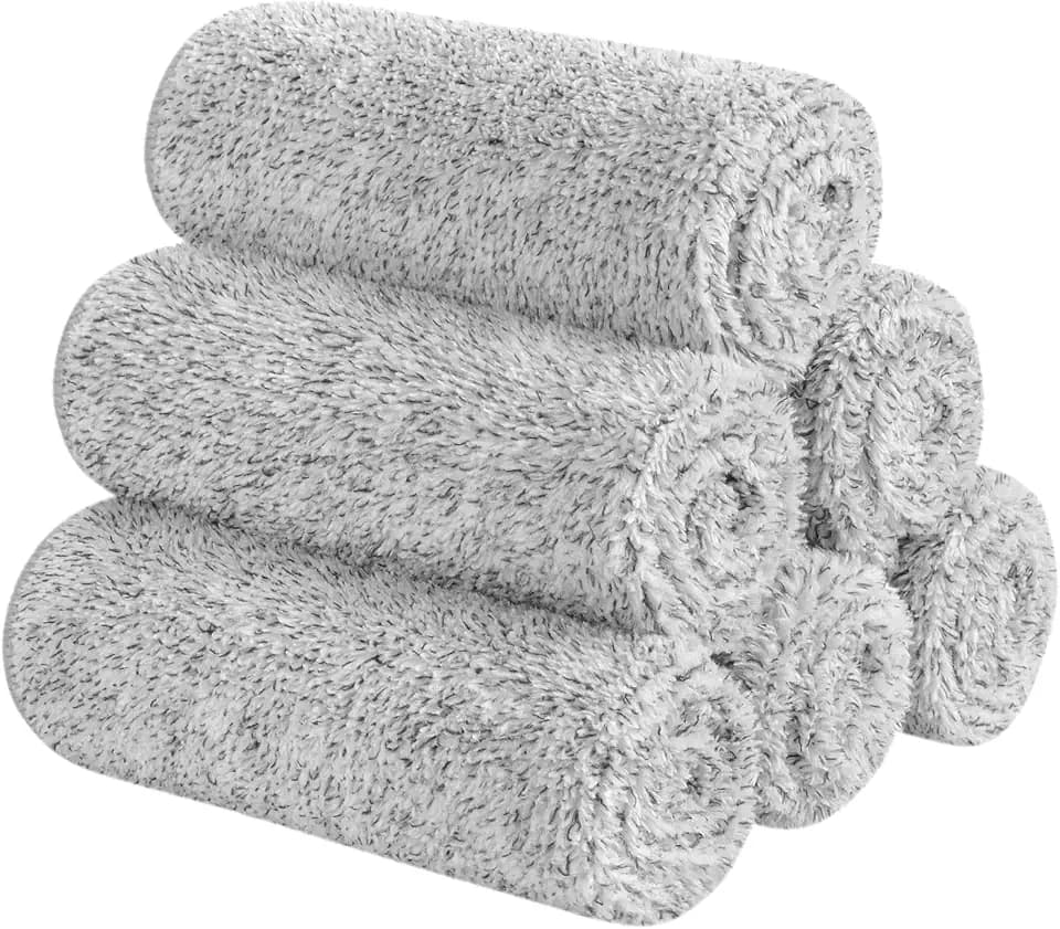 SINLAND Microfiber Face Towels Soft Washcloths 12Inch x 12Inch 6 Pack Grey