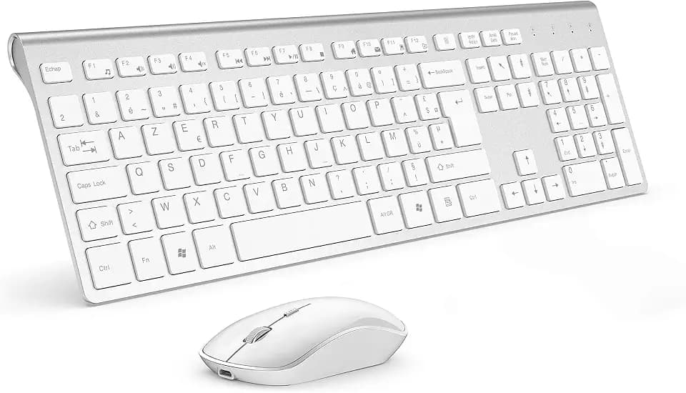 Joyacess Kabellose Tastatur, wiederaufladbar, 2,4 GHz, kompakt, kabellose Tastatur, tragbar, leise, 2400 dpi, ergonomische Tastatur für PC, Smart TV, Computer (AZERTY Layout), Weiß / silberfarben