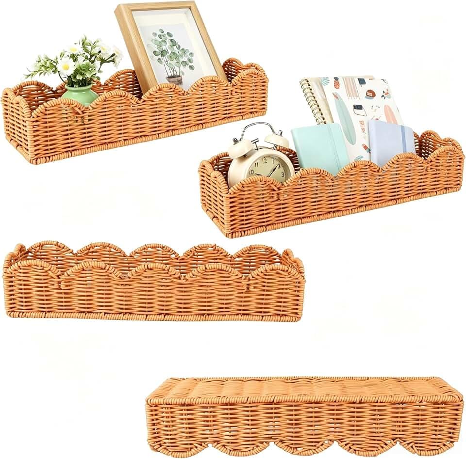 4 Set Nursery Book Shelves Scalloped Plastic Artificial Rattan Classroom Wall Shelf 15.8 Inch Wall Mounted Floating Bookshelve, Hanging Boho Wicker Woven Shelf for Bedroom Farmhouse Decor (4, Brown)