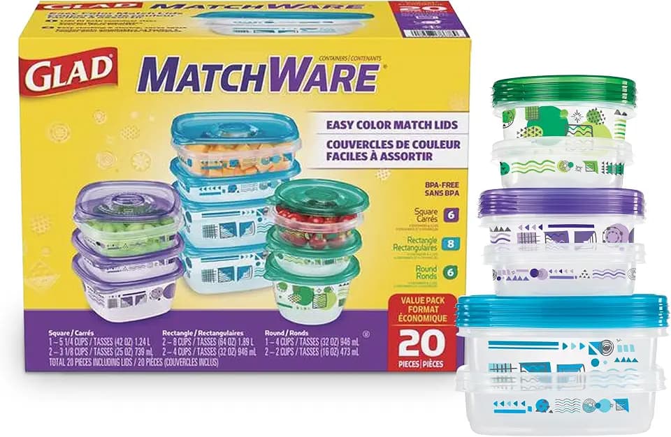 Glad GladWare MatchWare Food Storage Containers, 20 Piece Variety Pack