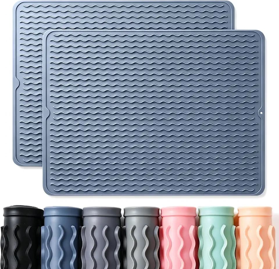 2 Pack Caketime Silicone Dish Drying Mat for Kitchen Counter Multiple Usage for Cooking Grilling Under Sink Office Coffee Accessories Appliances Pioneer Woman Stuff Extra Large 24"x18" Blue