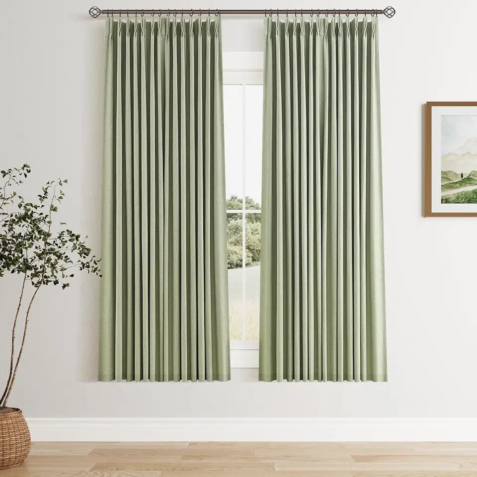 Sage Green Short Pinch Pleated 100% Blackout Curtains Linen Blended Room Darkening Small Window Curtains 63 Inches Long for Living Room Bedroom Kithchen Thermal Insulated Pleat Drapes with Hooks