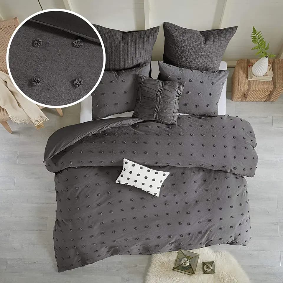 Intelligent Design Cotton Comforter Set - Jacquard Tufts Pompom Design All Season Bedding, Matching Shams, Decorative Pillows, Full/Queen (88 in x 92 in), Charcoal 7 Piece