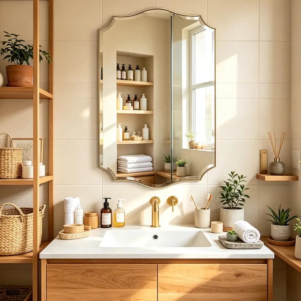 POZINO 40"x24" Premium Brushed Gold Scalloped Beveled Bathroom Mirror