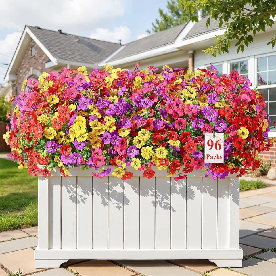 Alupssuc 96 Bundles Artificial Flowers for Outdoors Decoration, UV Resistant Silk Faux Daisy Flora Spring Fake Plastic Plants Greenery for Outside Indoor Yard Home Porch Window Box Decor, Mix 4 Colors