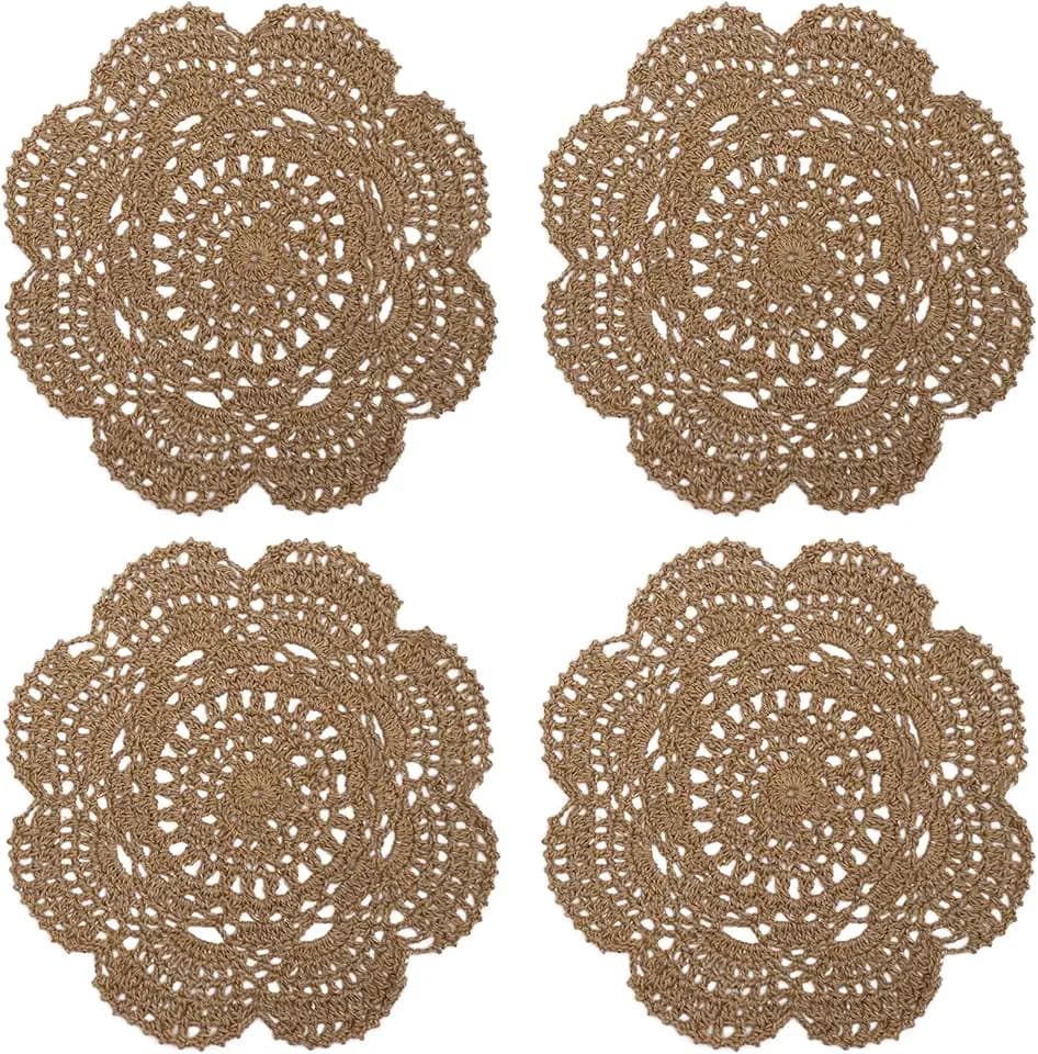 Phantomon 8 Inch Doilies Crochet Round Lace Doily Handmade Placemats 100% Cotton Crocheted Coasters, Pack of 4 (Brown)