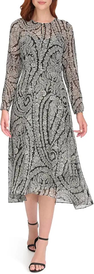 Tommy Hilfiger Women's Long Sleeve Keyhole Neck Chiffon Hi-lo Midi Dress