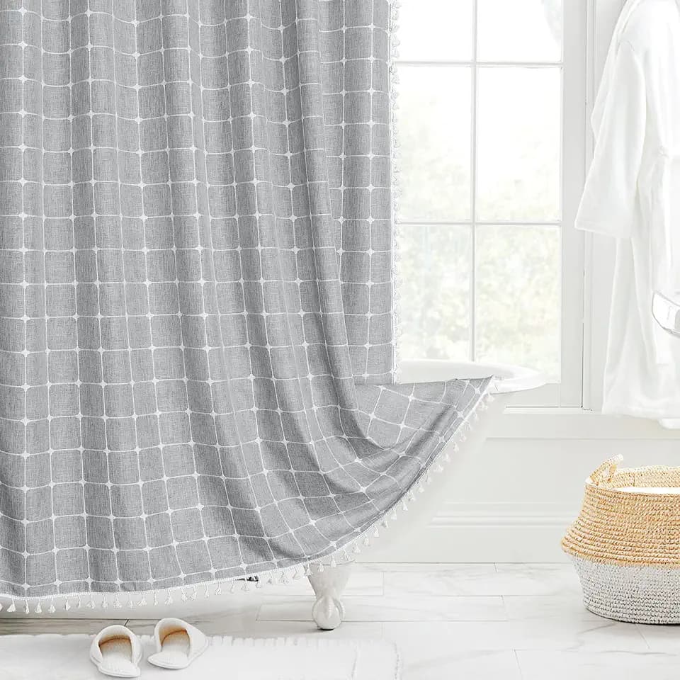 Boho Farmhouse Classic Plaid Linen Tassel Shower Curtain Grey,72x72