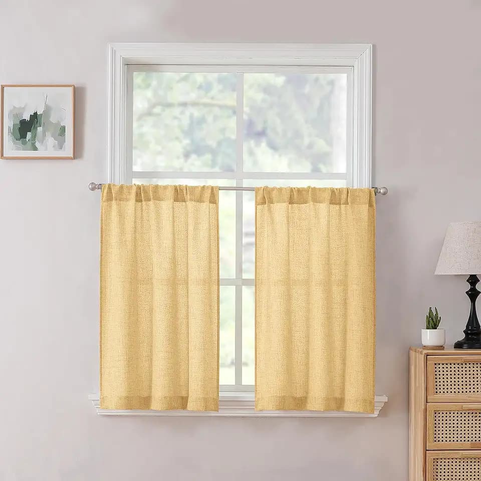 Tollpiz Linen Tier Curtain Rod Pocket Semi Sheer Half Kitchen Curtains Burlap Light Filtering Thick Linen Drape for Bathroom, 30 x 36 inches Long, Beige, Set of 2 Panels