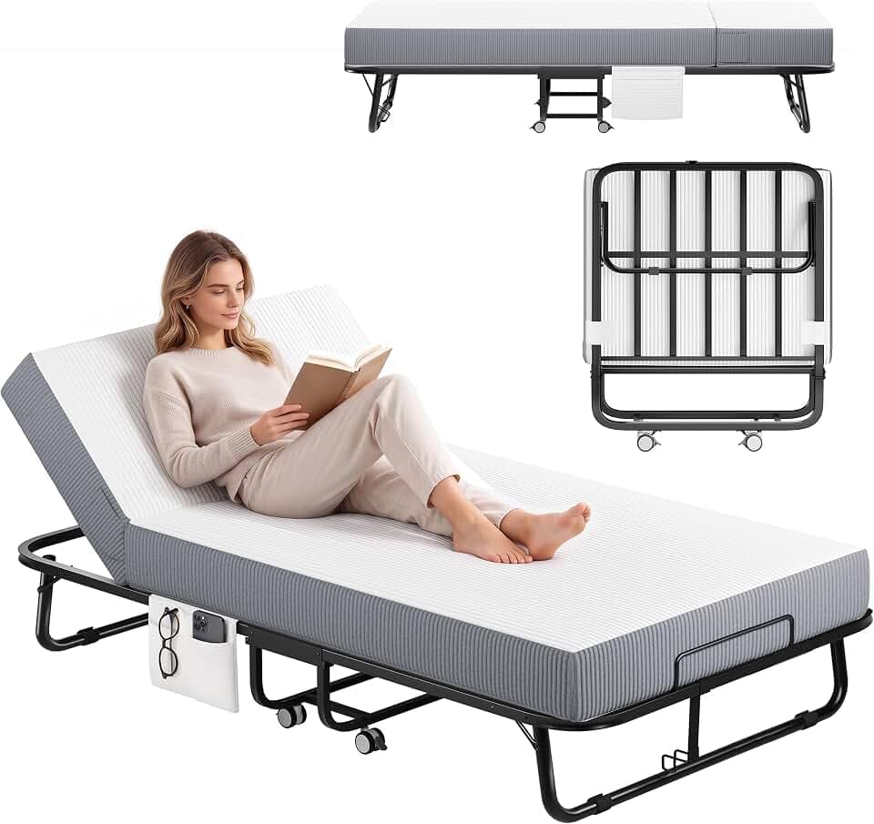 Decofy Folding Bed with 5 Adjustable Backrest Rollaway Guest Beds with Wheels 75"x31" Twin Size Space-Saving Cot-Size Bed Easy Assembly