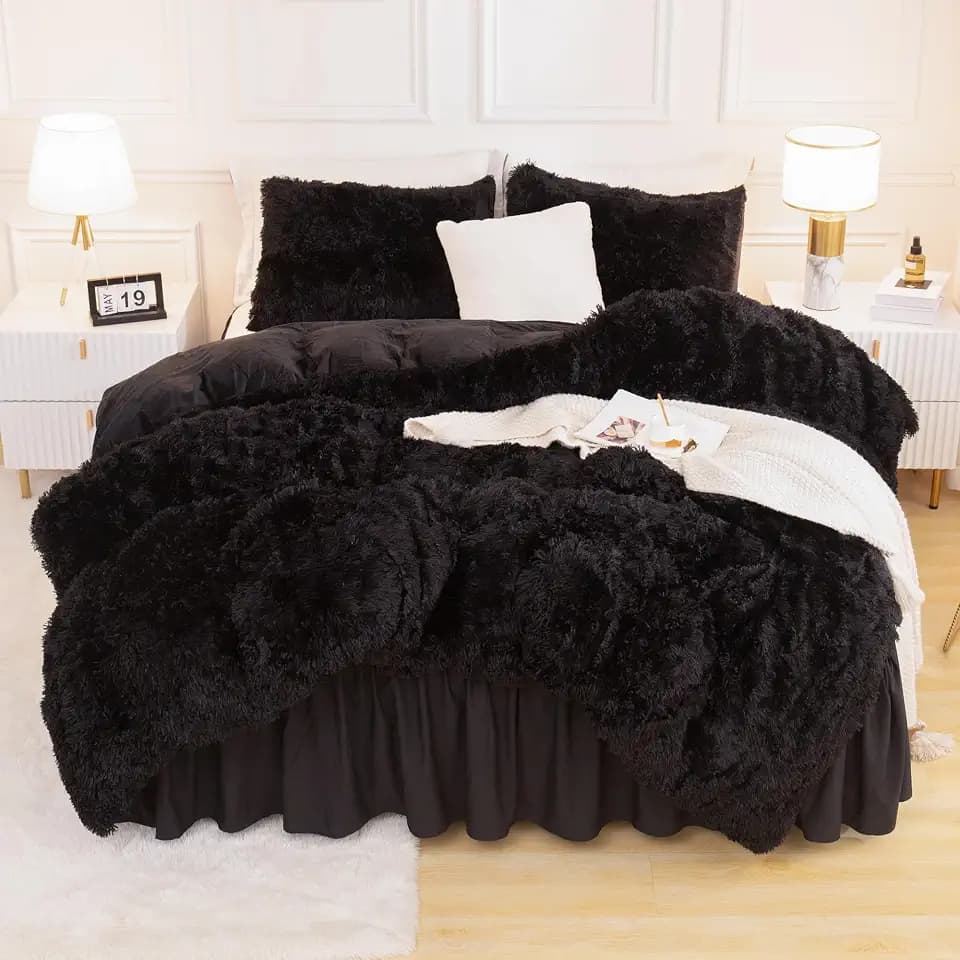 Andency Comforter Full Size Set Black, Fluffy Faux Fur Warm Bedding Set