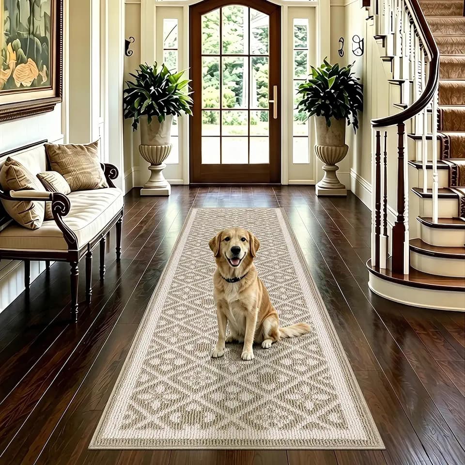 Ileading Hallway Runner Rug 2x6 ft,Washable Indoor Beige Carpet with Non Slip Rubber Backing,Low Pile Durable Kitchen Floor Mat for Laundry Entryway Door & High Traffic Areas