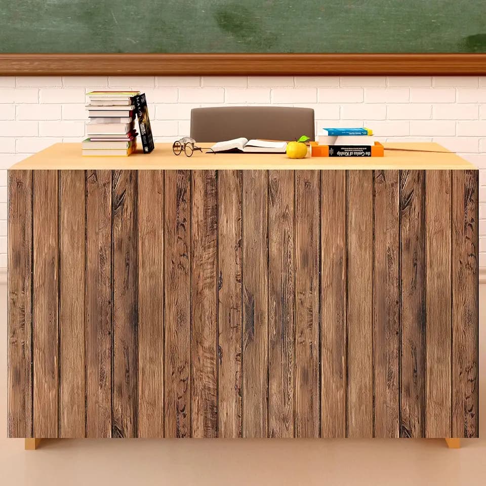 9FT Brown Wood Table Skirt Teacher Desk Skirt Classroom Table Cover for Back to School Decor Classroom Tables Cloths for First Day of School Supplies Office Bookcase Cabinet Decorations