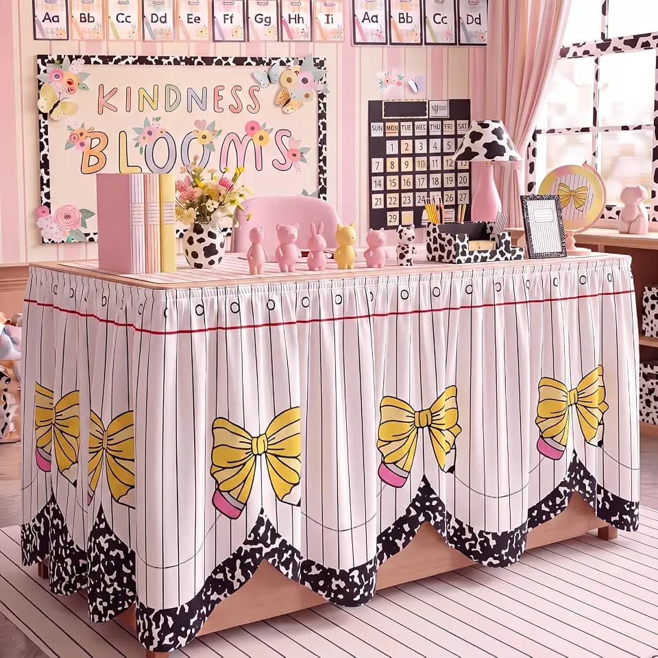 Breling Teacher Desk Skirt 6 ft Pastel Pencil Bow Classroom Decor