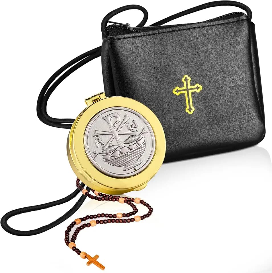 2 Pcs Leather Pyx for Communion Host Catholic with Cross, Strap Style