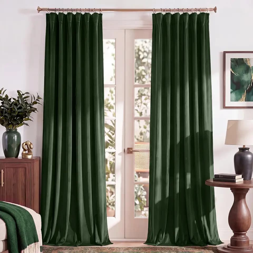 RYB HOME Olive Green Velvet Blackout Curtains 90 inches for Living Room