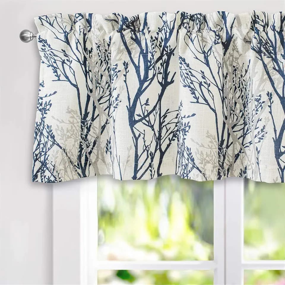 DriftAway Tree Branch Linen Lined Valance Double Layer Thermal Insulated Room Darkening Blackout Valances 3 Inch Rod Pocket Short Window Valance for Living Room Bathroom 52 Inch by 18 Inch Blue