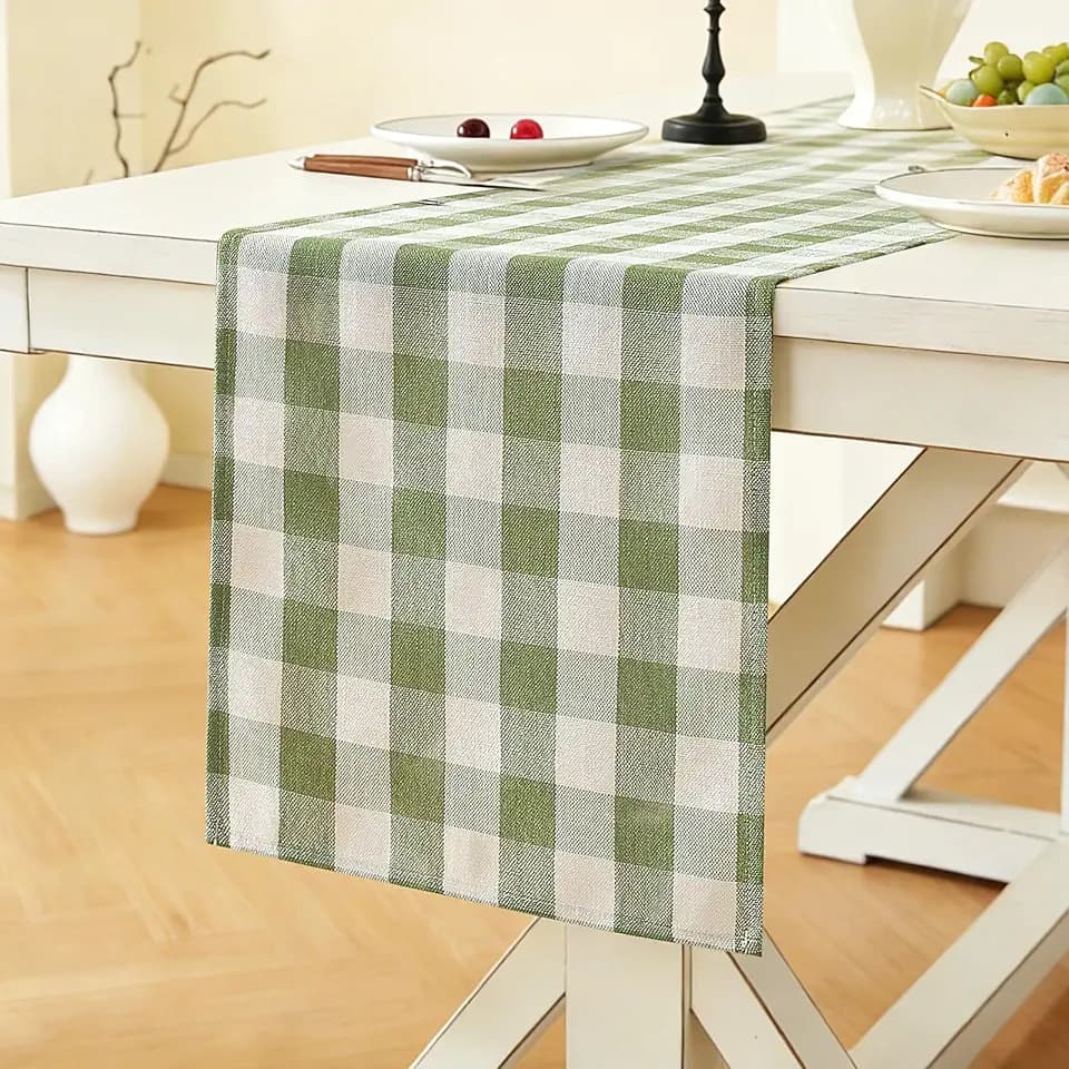 Laolitou Green Checkered Table Runner, Cotton Linen Gingham Table Runners, Classic Buffalo Plaid Farmhouse Fall Table Decor, 13x72 Inches
