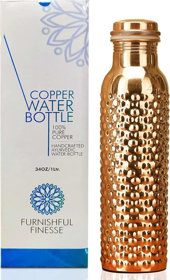 Pure Copper Water Bottle 34 Oz Copper Bottle for Drinking More Water Ayurvedic Gym, Yoga - 1000 ml (Natural Hammered Bottle) - Set Of 1