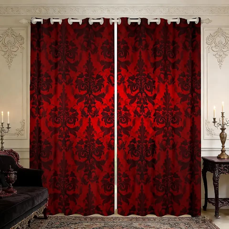 Gothic Curtains for Living Room Adults Black Damask Blackout Curtains,Victorian Curtains & Drapes 2 Panels 42"Wx84"L Vintage Baroque Goth Window Curtains Antique Black Floral Bohemian Decor,Red