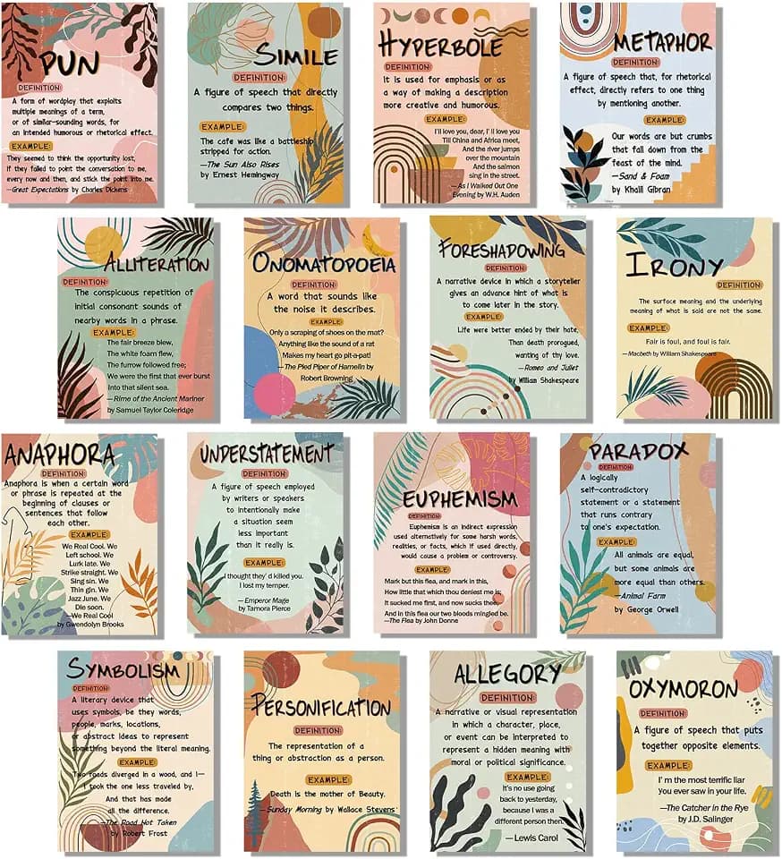 Qeeenar 16 Pcs Figurative Language Posters for Classroom, Vintage Boho