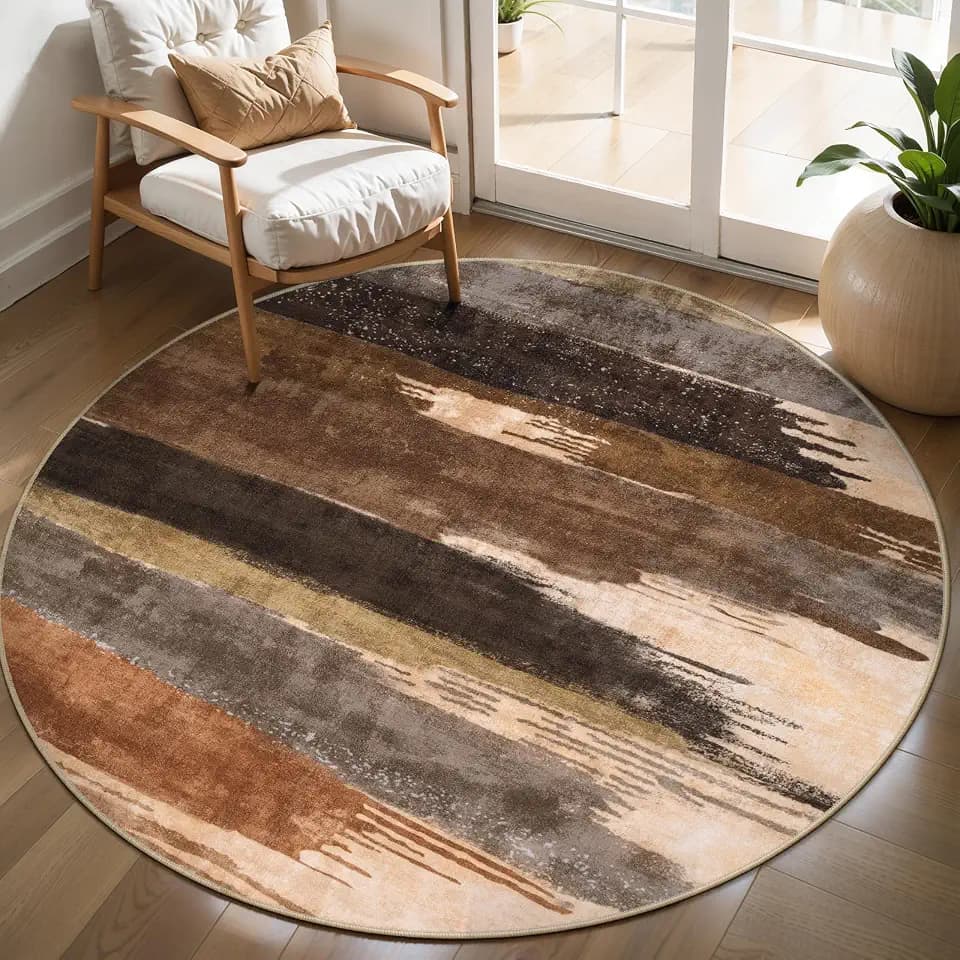 Ciicool Washable 4ft Round Rug, Modern Abstract Rugs for Living Room Brown