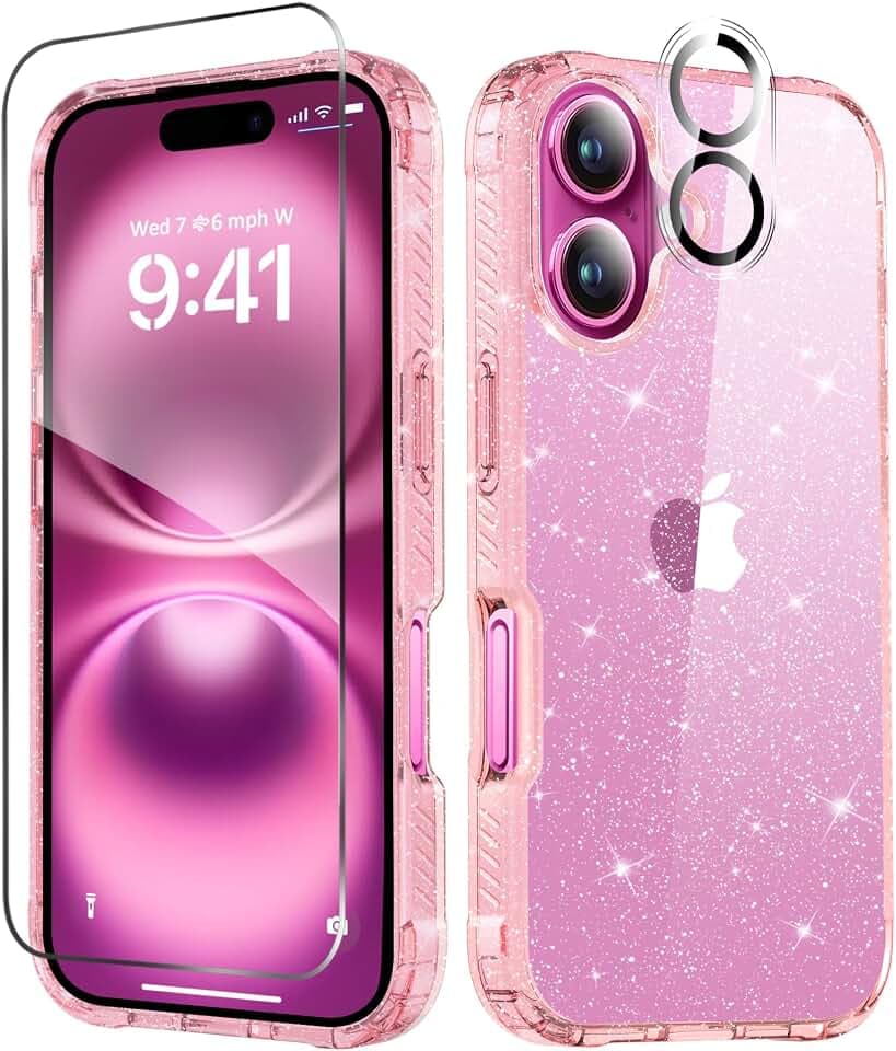 MIODIK for iPhone 16 Case Clear Glitter Design, Sparkle Pink