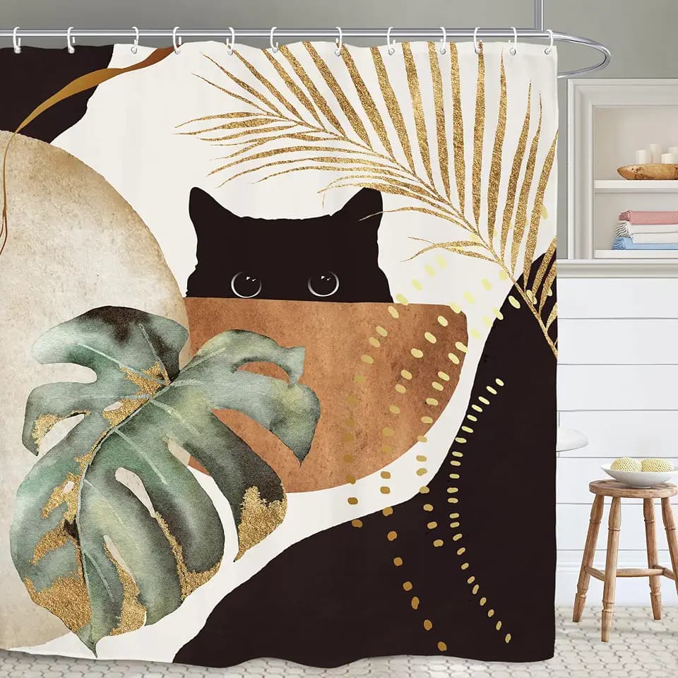 Abstract Mid Century Bathroom Shower Curtain 60W by 71H Inch Cat Vintage Minimalist Plant Monstera Brown Aesthetic Polyester Fabric 12 Plastic Hooks Waterproof Decor