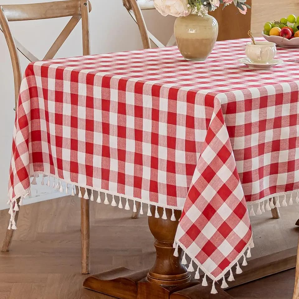 Alsoo Red Gingham Tablecloth Rectangle 55 x 90 Inch, Farmhouse Cotton Linen Blend Table Cloth with Tassels, Washable Wrinkle Resistant Buffalo Plaid Table Cover for Outdoor Dining Picnic