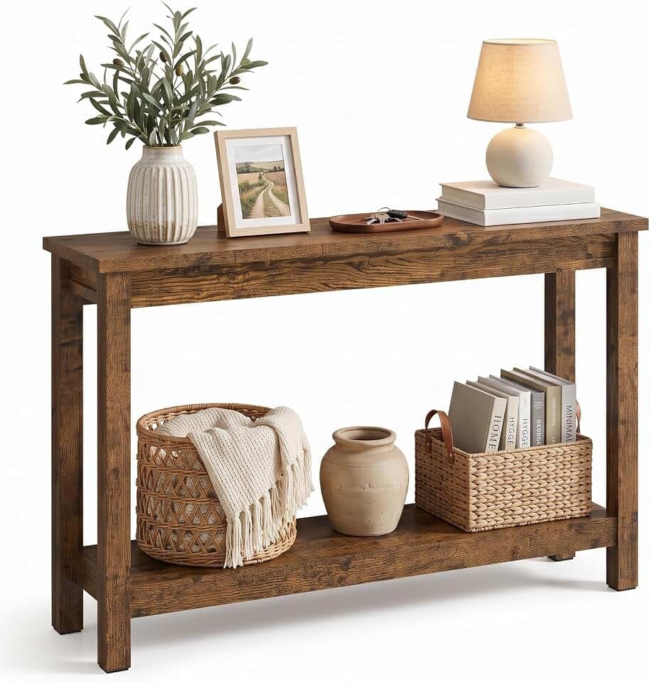 47" Farmhouse Entryway Table, Chunky Wood Console Sofa Table Behind Couch