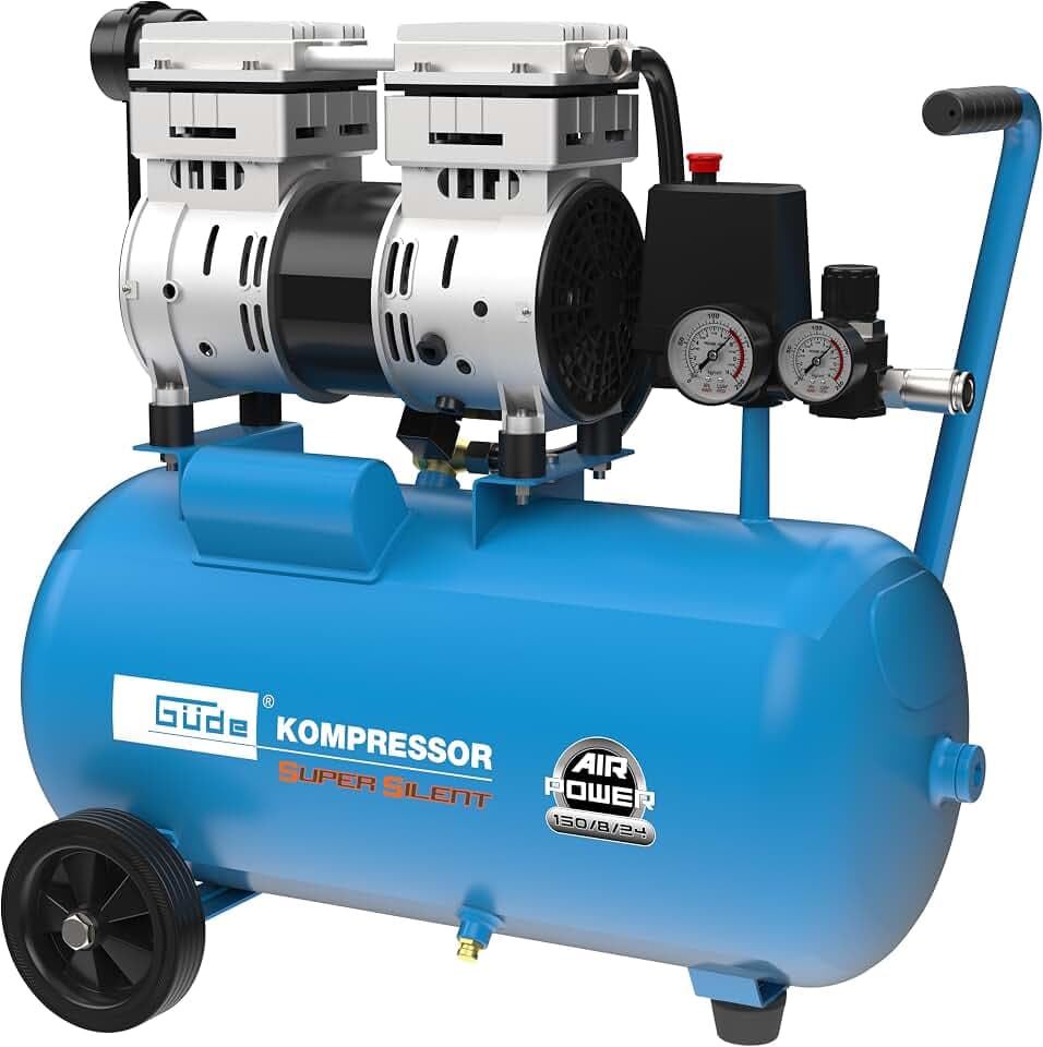 Güde Kompressor Airpower 150/8/24 SILENT (ölfrei, flüsterleise, max. 8 bar, 750 W, 24 l Kessel , eff. Liefermenge 130 l/min, Druckminderer, 2x Manometer, Sicherheitsventil & Wasserablassschraube)