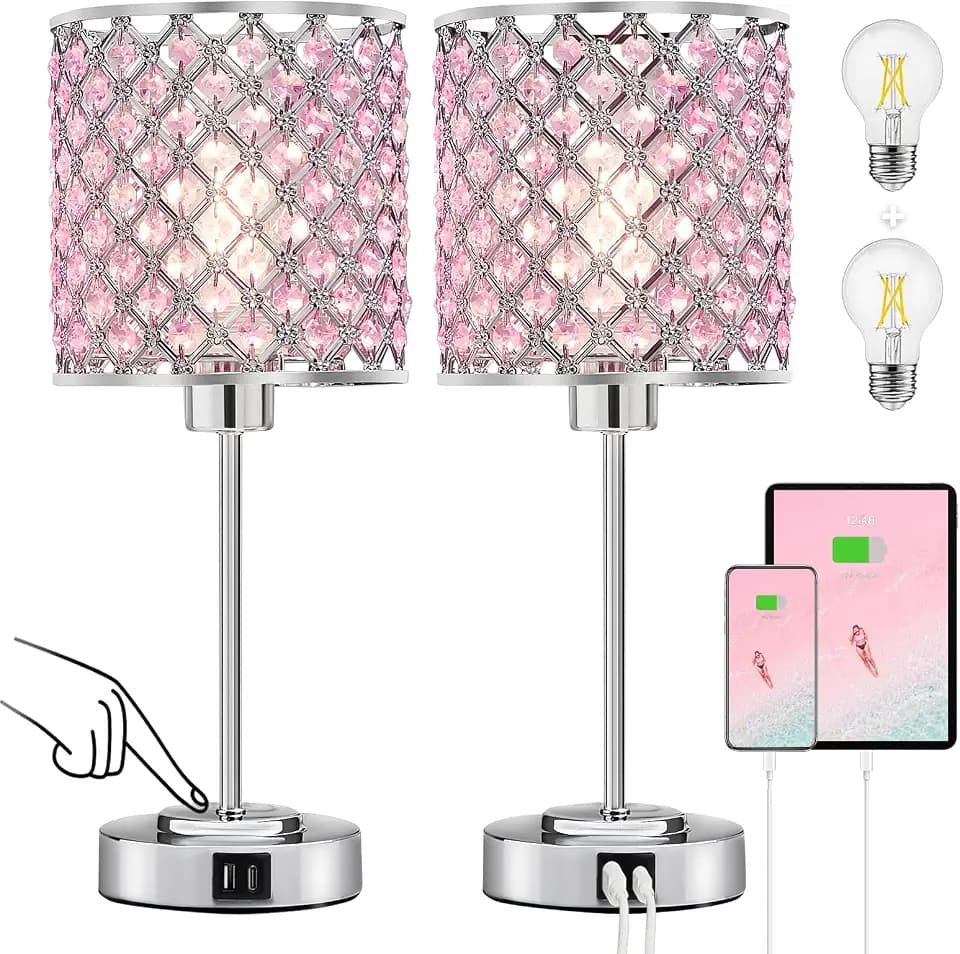 GyroVu Pink Crystal Bedside Table Lamps Set of 2 with USB C+A Ports