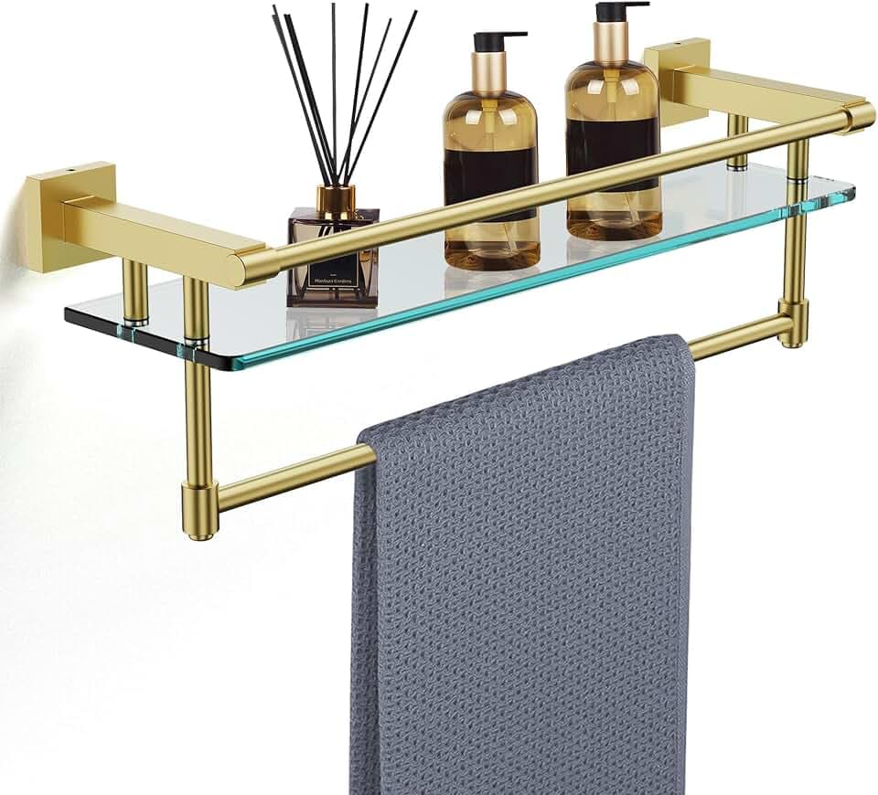 Bathroom Glass Shelf with Towel Rack Organizer Wall-Mounted Bathroom Storage SUS304 Stainless Steel Track Wall-Mounted Tempered Glass Stainless Steel Shelf (Brushed Gold, 20-inch)