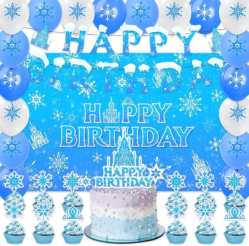 42Pcks Frozen Wonderland Party Decoration,Includes Birthday Banner,Cake Topper,Blackdrop,Balloons for Snowflake party Supplies