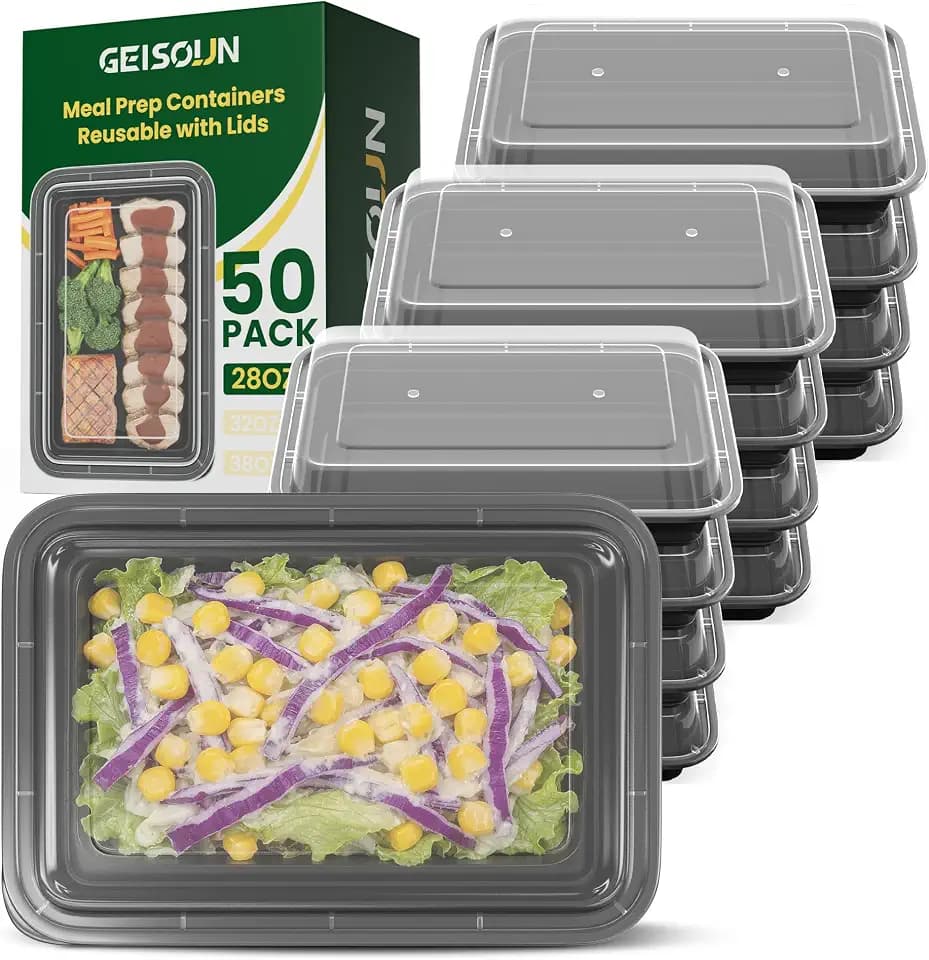 50 Pack 28oz Meal Prep Containers Reusable with Easy Open Lids, Sturdy Leakproof Food Safe, To Go Take Out Plastic Food Storage Containers with Lids, Microwave Freezer Dishwasher Safe, Black