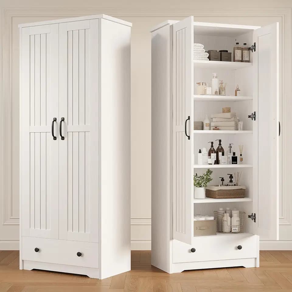 Decofy 70" Tall Storage Cabinet, Large Wood Storage Pantry Cabinets with 6 Adjustable Shelves, 2 Doors & 1 Drawer, Standing Utility Storage Cabinets for Kitchen, Bathroom, Dining Room (Soft White)