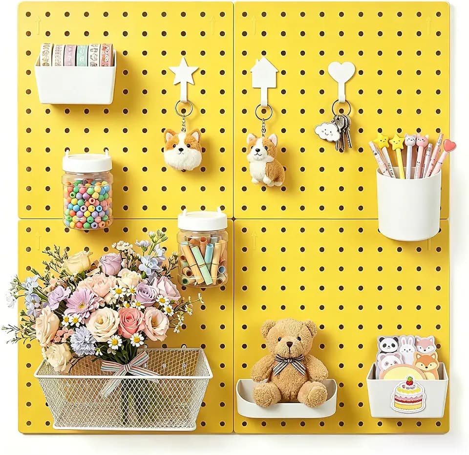 4-Pack Pegboard Wall Organizer, 11” x 11” Wall Mounted Boards with 10 Accessories, for Study Room, Kitchen, Garage, ABS Plastic, Screw or Adhesive Installation, Supports up to 110 lbs (Yellow)