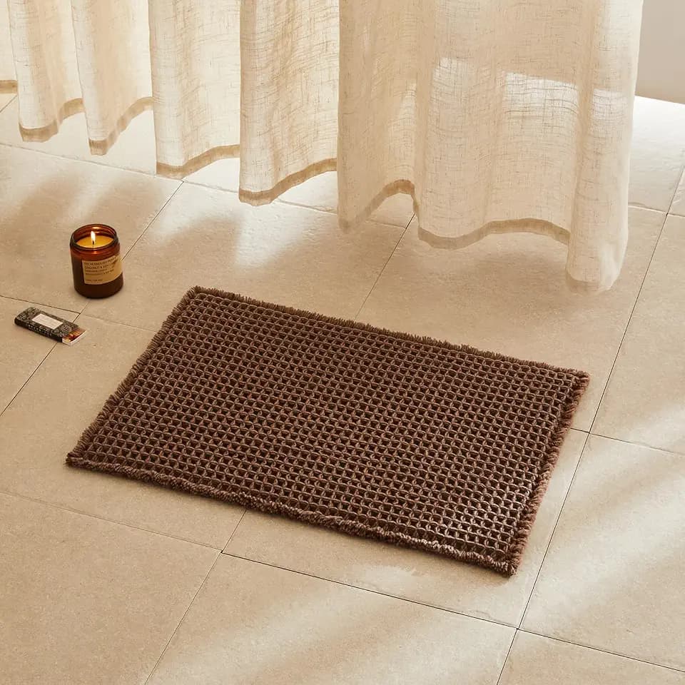 TYUU Waffle Bath Mat, Small Boho Bathroom Rugs Non Slip 24x16 Mocha