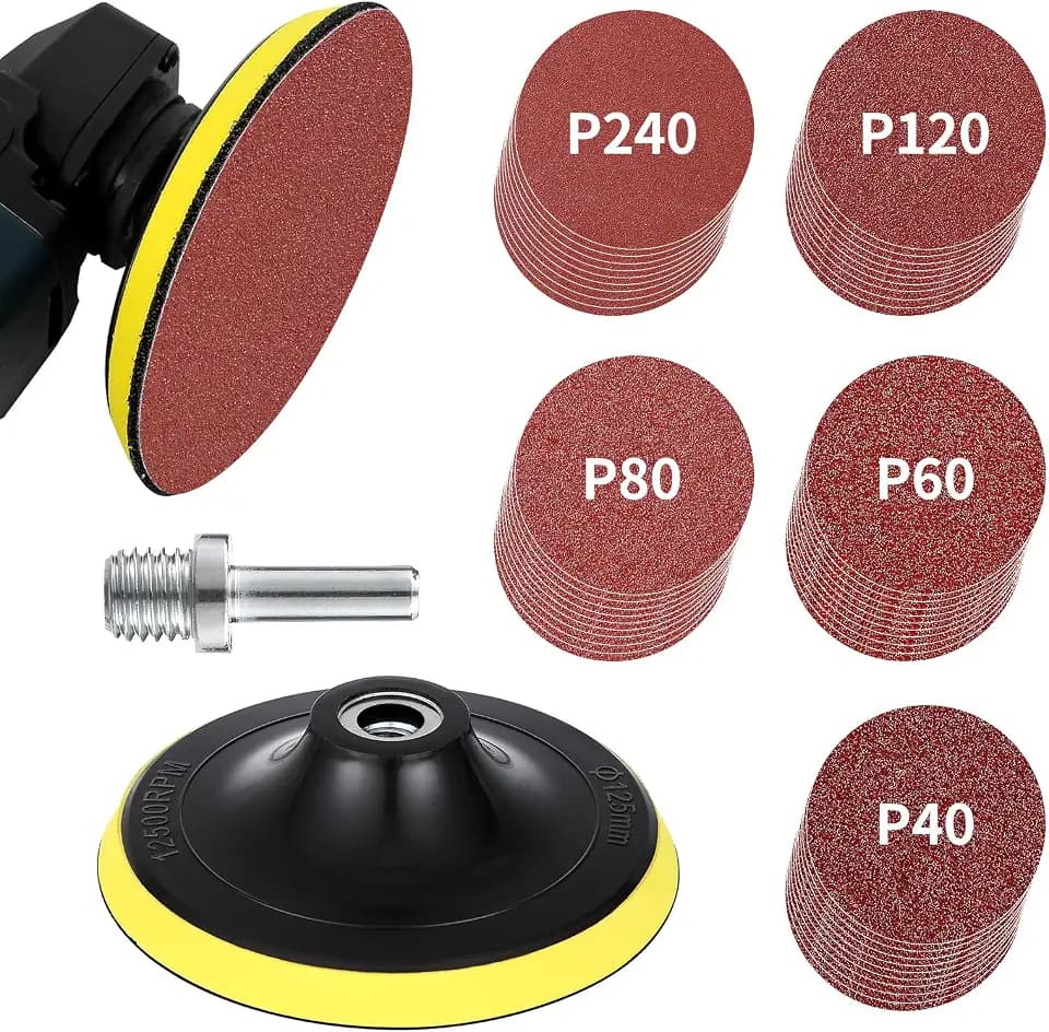 Schleifscheiben Set:Schleifteller 125 Klett m.M14 Schleifpad&Verbindungsstange,50xSchleifpapier 125mm Klett,Körnung 10x40/60/80/120/240,für Winkelschleifer zum Schleifen/Polieren/Entrosten