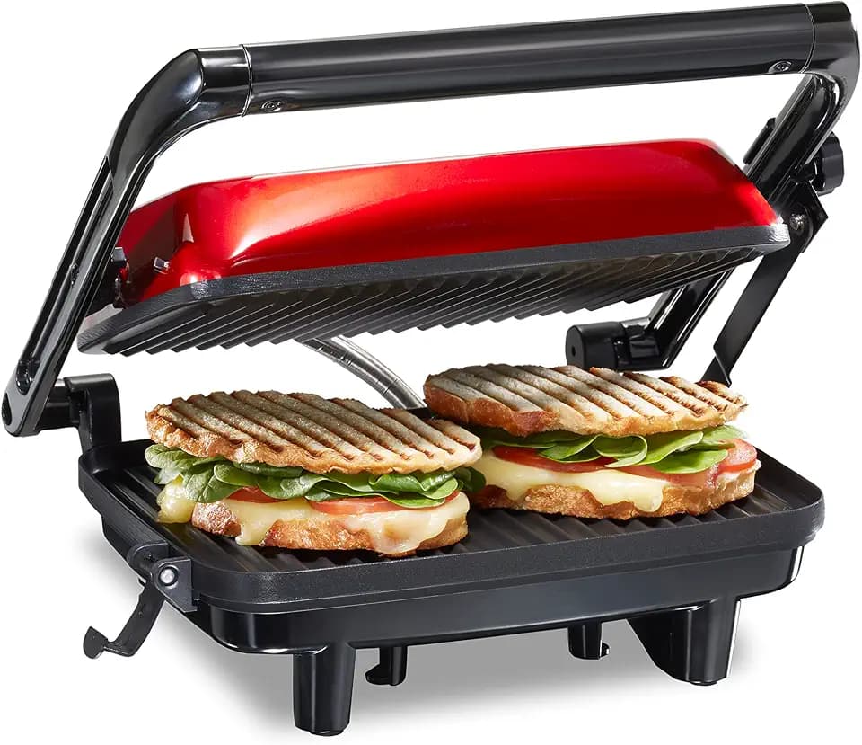 Hamilton Beach Electric Panini Press Grill with Locking Lid, Opens 180 Degrees for Any Sandwich Thickness, Nonstick 8" X 10" Grids, Red (25462Z)