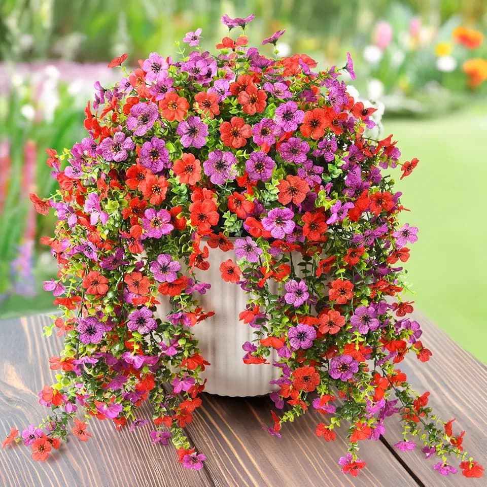 ZFProcess Artificial Hanging Flowers Plants for Outdoor Spring Summer Decoration,2PCS Faux Silk Daisy UV Resistant Look Real for Outside Home Indoor Planter Porch Window Yard Decor(Red Purple)