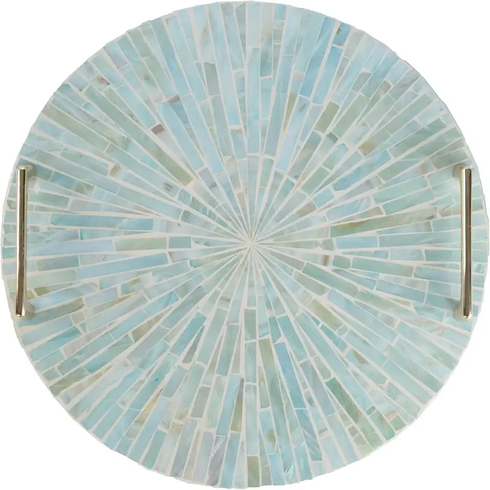 PEMAR Mother of Pearl Decorative Tray, 13" Round with Gold Metal Handles, Vanity/Perfume/Trinket Tray, Catchall for Dresser, Bathroom, Vanity Table (Teal Sunlight)