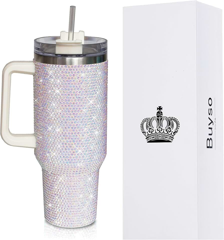 40 Oz Bling Tumbler With Handle Rhinestones Tumbler With Lid and Straw Fix for Car Cup Holder Insulated Stainless Steel Double Wall Water Cup Travel Mug Tumblr For Women(40 oz, White