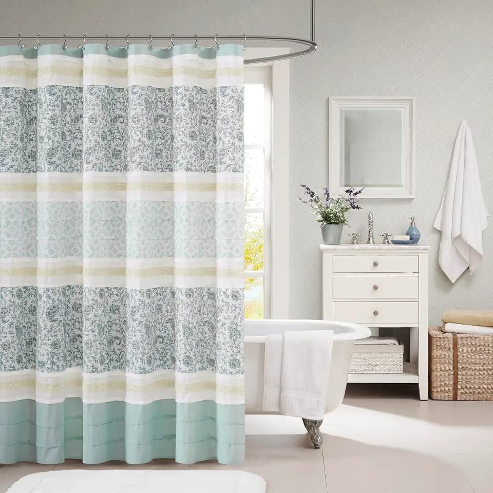 Madison Park Shabby Chic Cotton Fabric Shower Curtain, 72"x72", Aqua