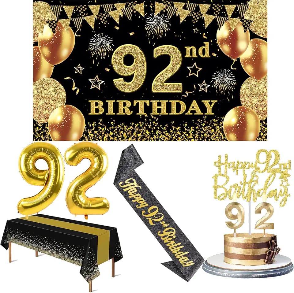 YeohJoy 92nd Birthday Decorations for Men Women Black Gold