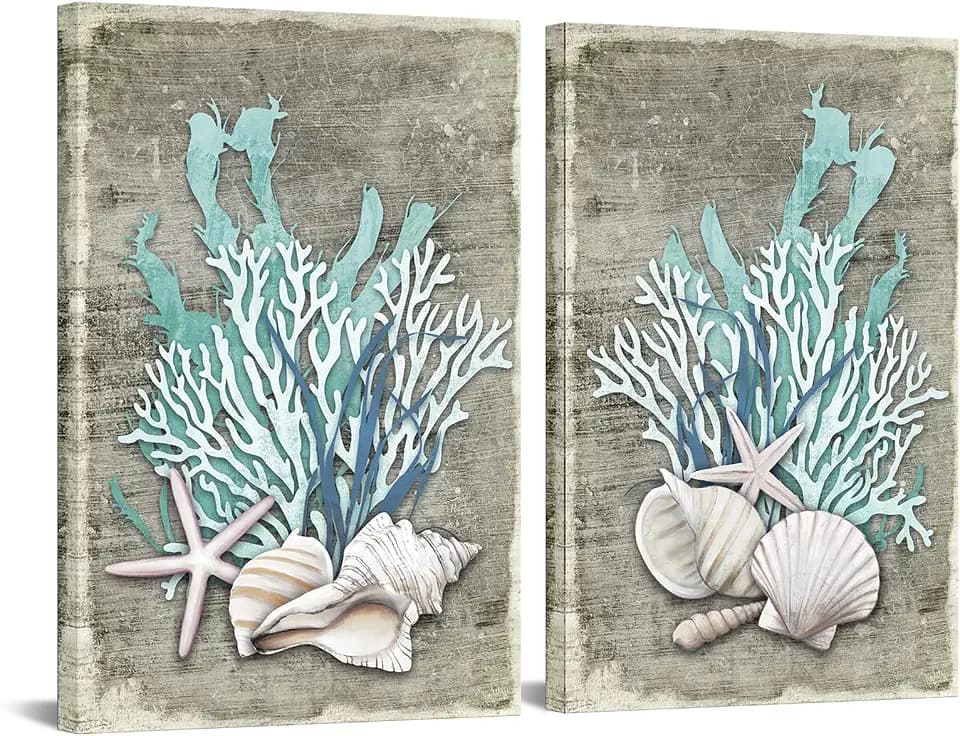 DuoBaorom Coastal Artwork for Walls Bathroom Decoration Starfish Coral Painting