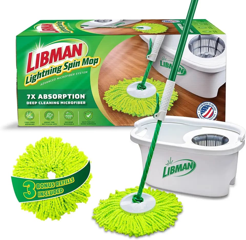 Libman Lightning Spin Mop System with Bucket & Wringer, 3 Refill Heads